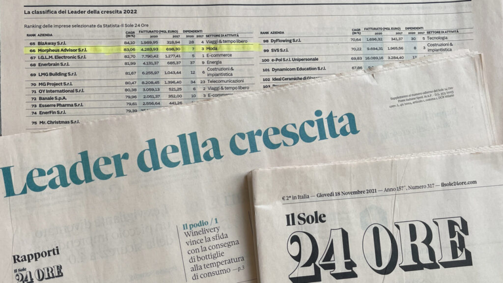 Leader della crescita 2022: AP ITALIAN LUXURY- MORPHEUS ADVISOR S.R.L premiata per il secondo anno consecutivo da Il Sole 24 ORE leader della crescita 2022 ap scaled 1288x724